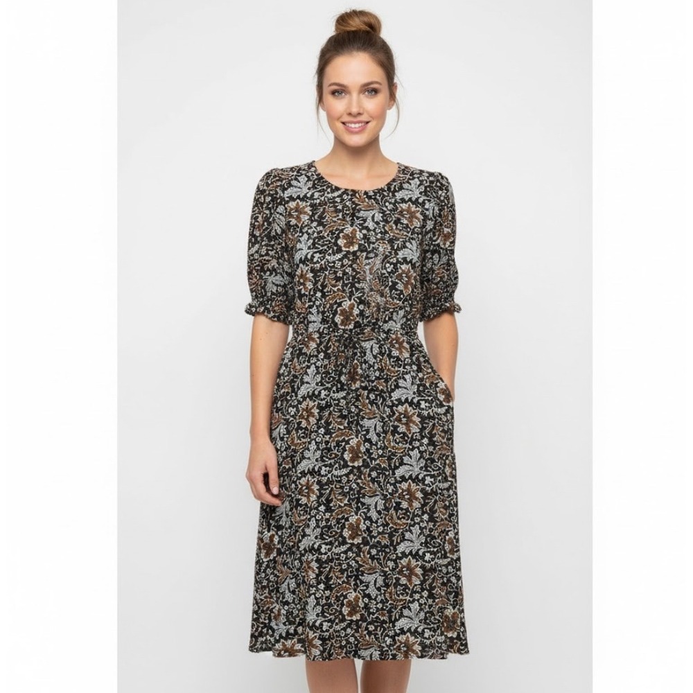 Vintage Floral‎ Midi Dress Women's Boho Puff Sleeve Drawstring Waist Knee Length